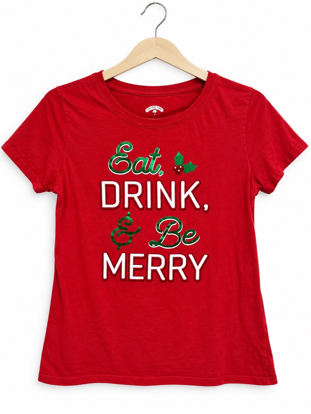 Holiday Time Eat Drink & Be Merry Christmas Graphic Tee Red Womens M 8 10